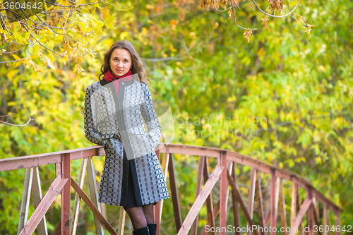 Image of Cute young girl leaned on the railing of the bridge against the backdrop of autumn leaves yellow