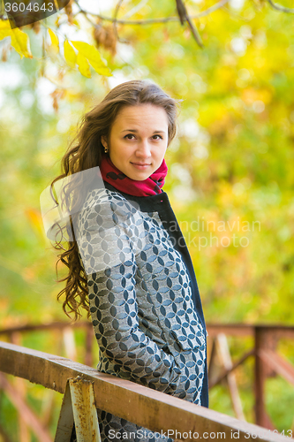 Image of Portrait of a beautiful young girl on a background autumn yellow foliage