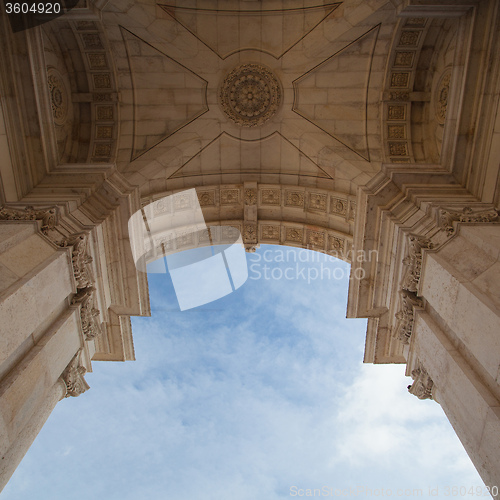 Image of The Rua Augusta Arch in Lisbon. Here are the sculptures made of 
