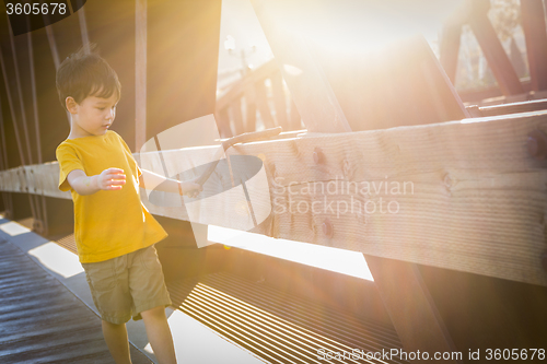 Image of Handsome Mixed Race Boy Walking on Bridge