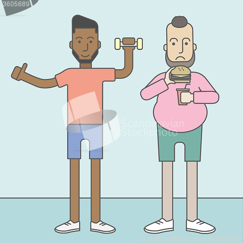Image of Men standing with hamburger and dumbbell.