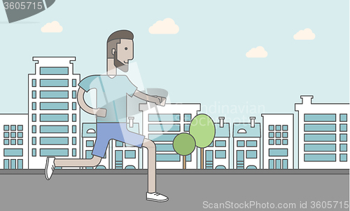 Image of Caucasian hipster man with beard jogging on street