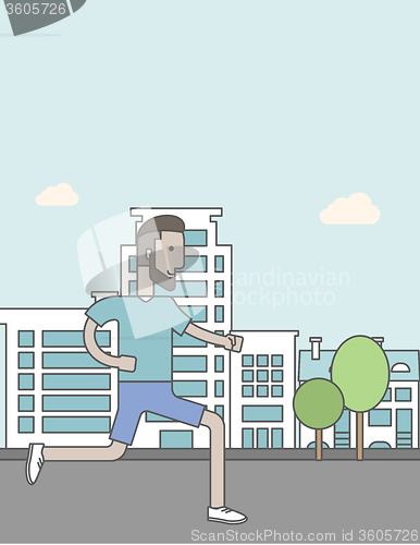 Image of Caucasian hipster man with beard jogging on street