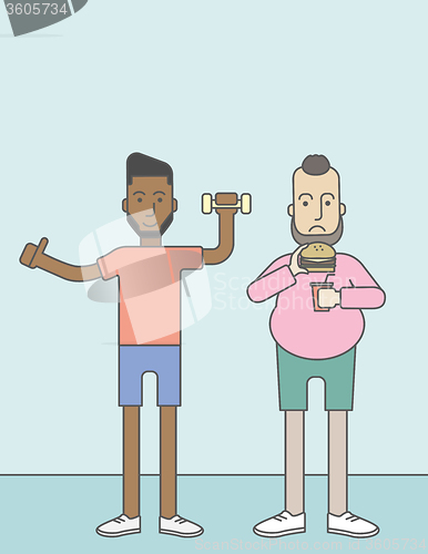Image of Men standing with hamburger and dumbbell.