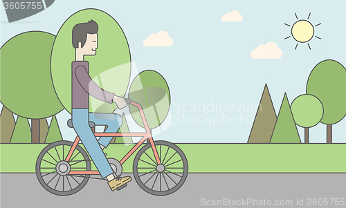 Image of Asian man riding bicycle in park.