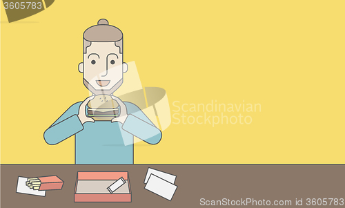 Image of Man eating hamburger. 