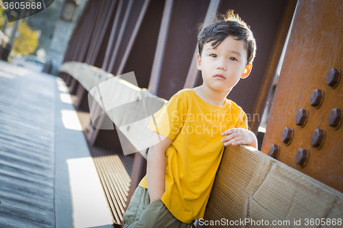 Image of Mixed Race Boy Leaning on Bridge Outdoors