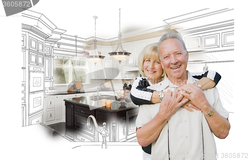 Image of Senior Couple Over Kitchen Design Drawing and Photo on White