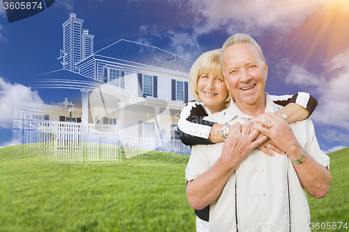 Image of Senior Couple In Front of Ghosted House Drawing on Grass