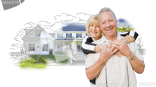 Image of Happy Senior Couple Over House Drawing and Photo on White