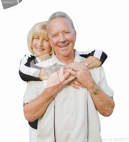 Image of Happy Attractive Senior Couple Hugging on White Background
