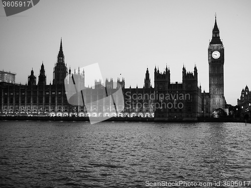 Image of Black and white Houses of Parliament in London