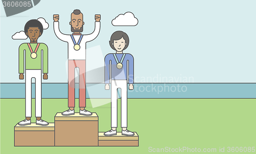 Image of Winners on pedestal.