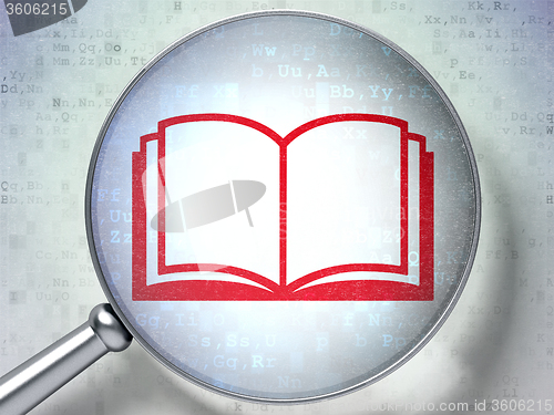 Image of Studying concept: Book with optical glass on digital background