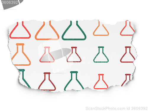 Image of Science concept: Flask icons on Torn Paper background