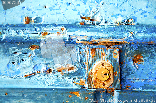 Image of rusty metal     nail dirty stripped paint in the   knocker