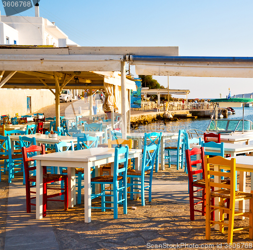 Image of wicker sofa  in santorini europe greece old restaurant chair and