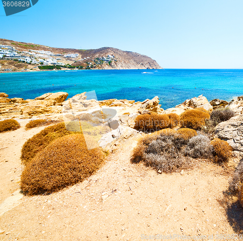 Image of in greece the mykonos island rock sea and beach blue   sky