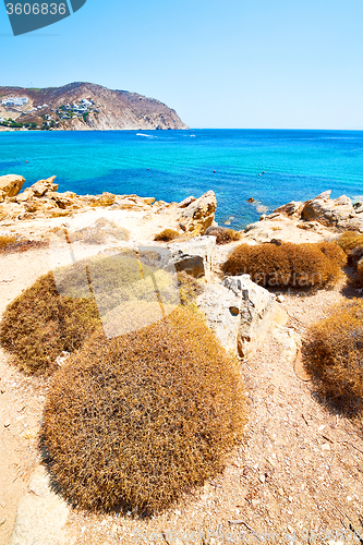 Image of in greece the mykonos island rock sea and beach blue   sky