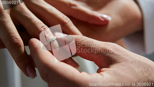 Image of groom puts ring on the finger of bride