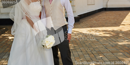 Image of Elegant bride and groom posing together 