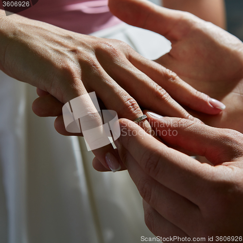 Image of groom puts ring on the finger of bride