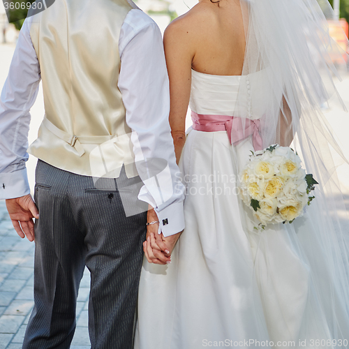 Image of Elegant bride and groom posing together 