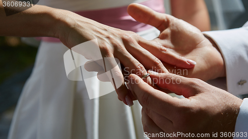 Image of groom puts ring on the finger of bride