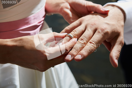 Image of bride puts ring on finger of groom