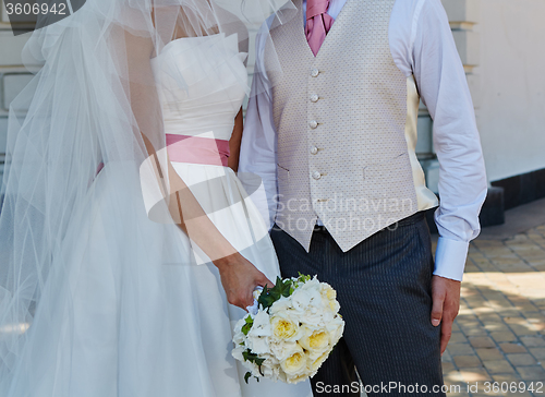 Image of Elegant bride and groom posing together 