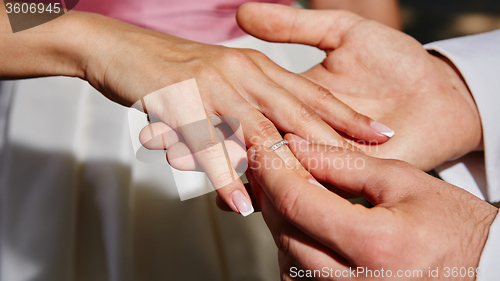 Image of groom puts ring on the finger of bride