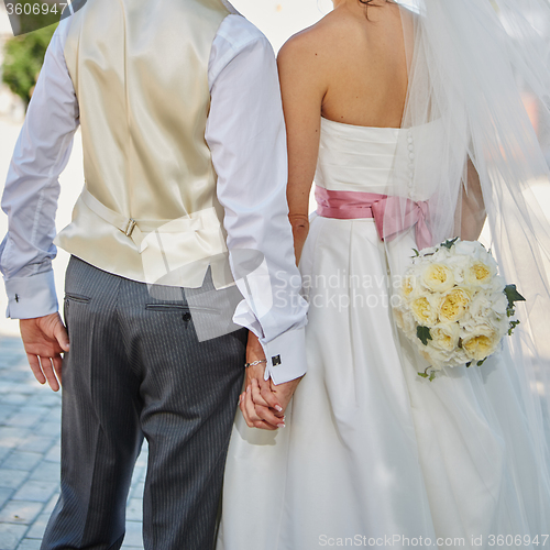 Image of Elegant bride and groom posing together 