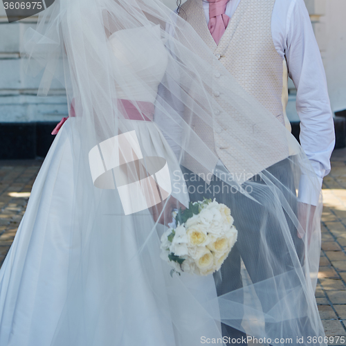 Image of Elegant bride and groom posing together 