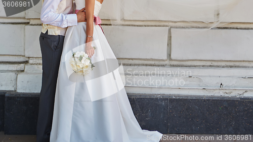 Image of Elegant bride and groom posing together 