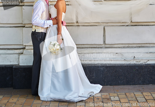 Image of Elegant bride and groom posing together 