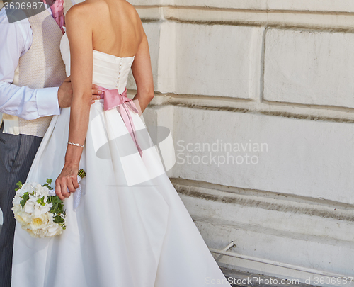 Image of Elegant bride and groom posing together 