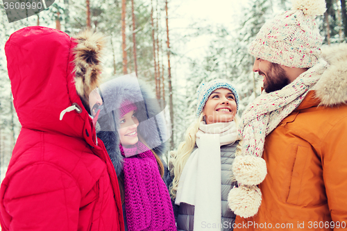 Image of group of smiling men and women in winter forest