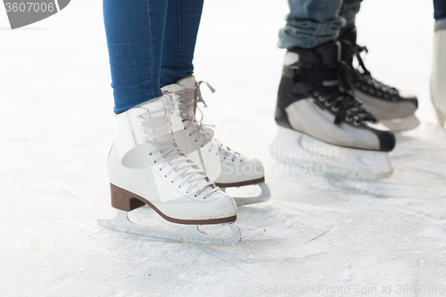 Image of close up of legs in skates on skating rink