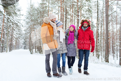 Image of group of smiling men and women in winter forest