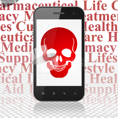 Image of Healthcare concept: Smartphone with Scull on display