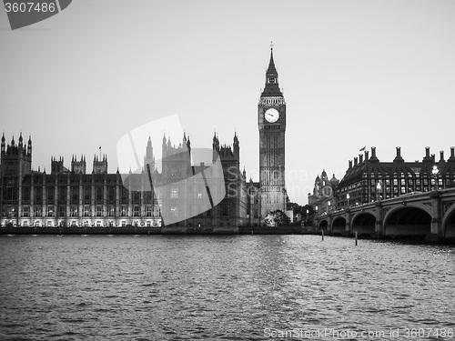 Image of Black and white Houses of Parliament in London