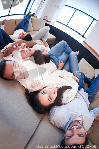 Image of friends group get relaxed at home