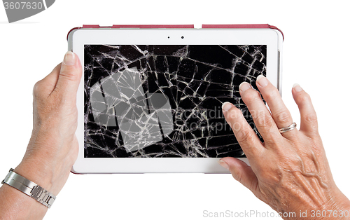 Image of Senior lady with tablet, cracked screen