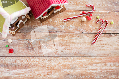 Image of closeup of beautiful gingerbread houses at home