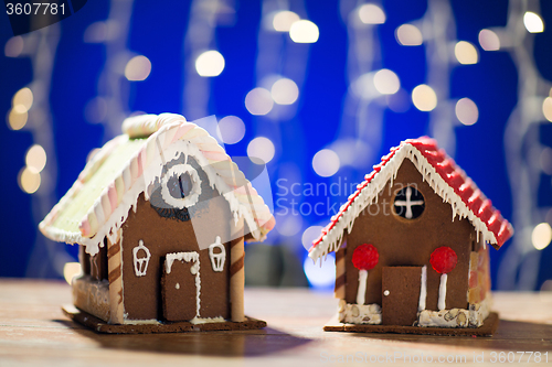 Image of closeup of beautiful gingerbread houses at home