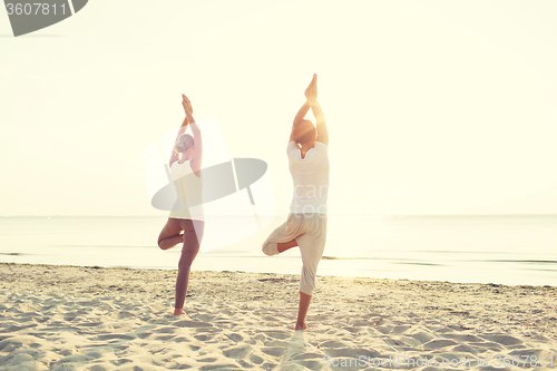 Image of couple making yoga exercises outdoors from back
