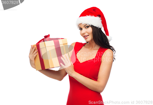 Image of beautiful sexy woman in santa hat with gift box