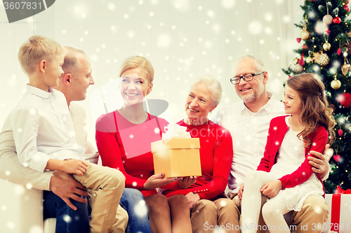 Image of smiling family with gift at home