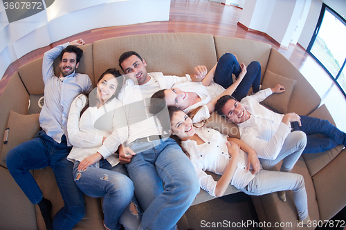 Image of friends group get relaxed at home