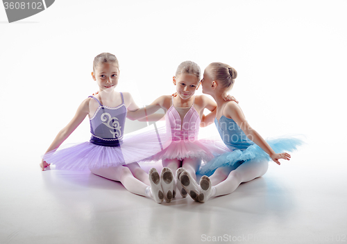 Image of Three little ballet girls sitting in tutu and posing together